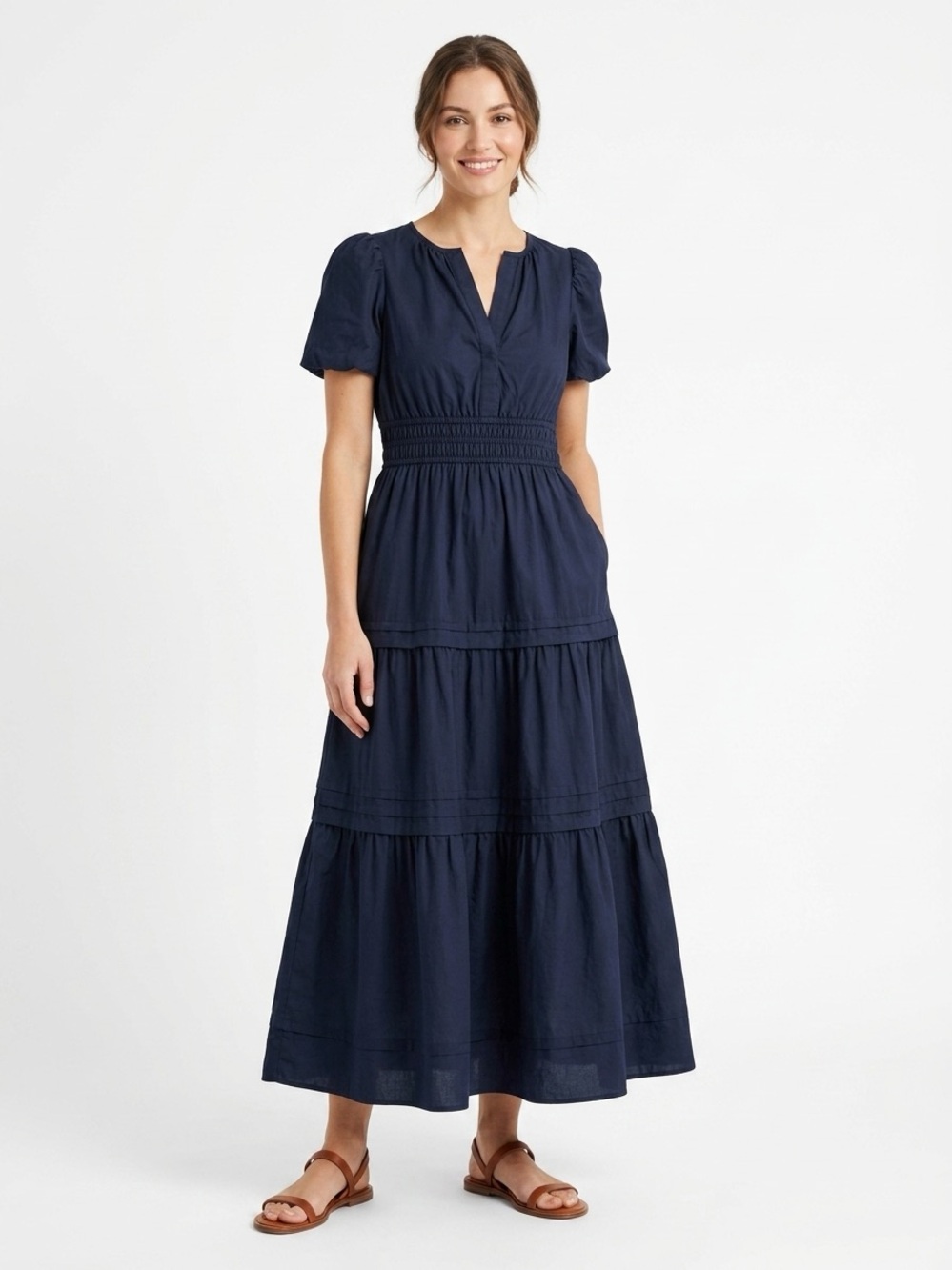 Quince Organic Cotton Poplin Tiered Maxi Dress Navy S - Picture 1 of 13
